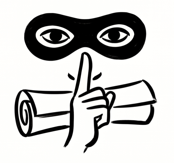 A cartoon figure with a black eye mask, holding a finger to its lips in a shushing gesture