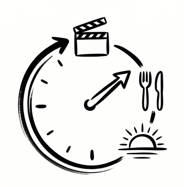 Sketch of a clock with a film clapperboard at the top, a rising sun on the right, and utensils on the left, representing meal timing or scheduling.