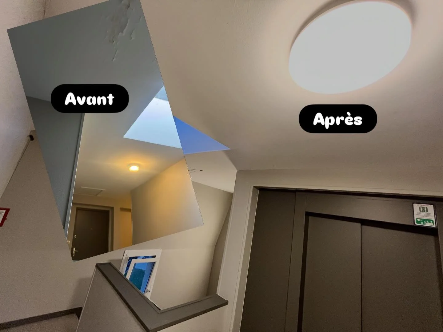 Modernisation d&rsquo;&eacute;clairage dans une copropri&eacute;t&eacute;, remplacement d&rsquo;ampoules classiques par des hublots Led avec d&eacute;tecteur int&eacute;gr&eacute;. Suppression de l&rsquo;ancienne minuterie qui allumait tous les &eacu