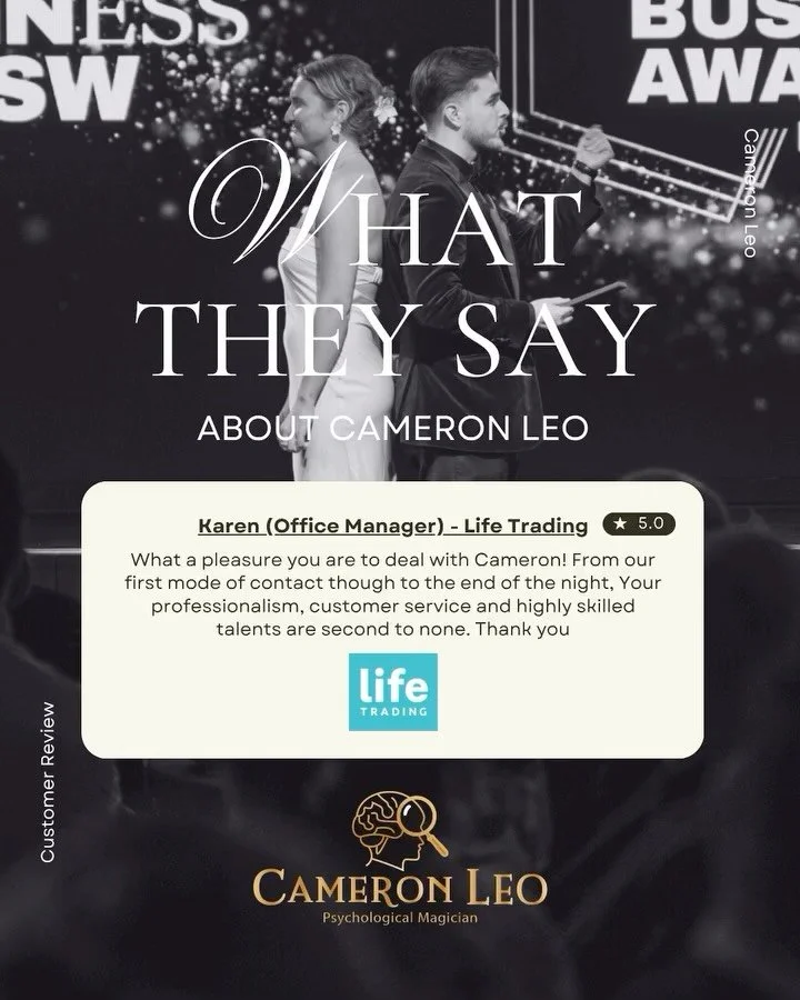 Had the pleasure of performing for Life Trading at their corporate event in Sydney.
Appreciate the kind feedback - “Pleasure to deal with” and “Second to none.”
#CameronLeo #SydneyMagician #CorporateMagician #SydneyEvents #Co