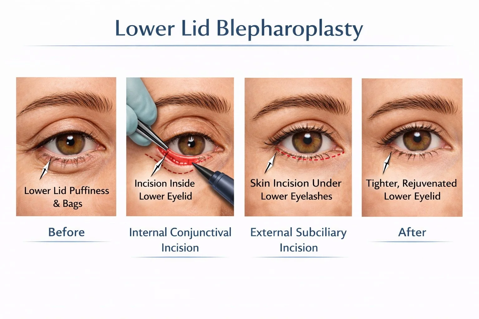 A step-by-step visual guide on lower lid blepharoplasty showing before and after images. The initial image highlights lower eyelid puffiness and bags. The second image depicts an incision inside the lower eyelid with surgical tools. The third image shows a skin incision under the lower eyelashes. The final image displays a tighter, rejuvenated lower eyelid.