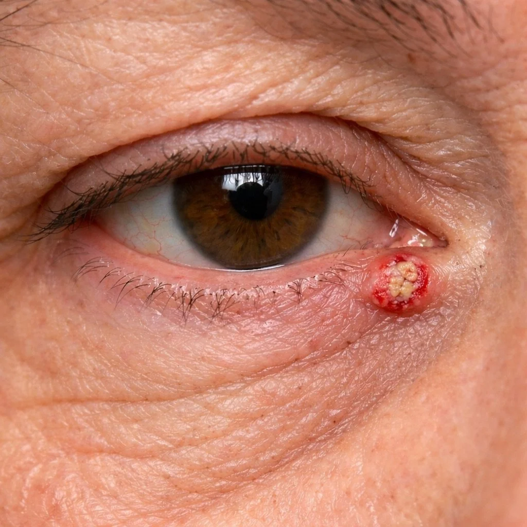 Close-up of a human eye with a lesion near the lower eyelid, showing redness and a cluster of small bumps or lesions. This is a squamous cell carcinoma.