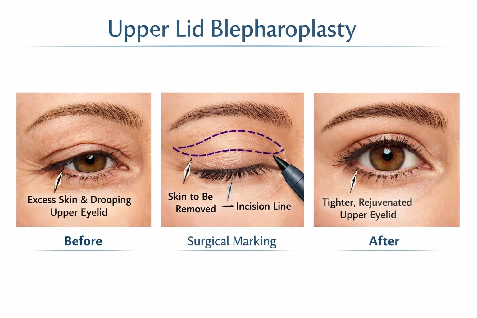 Diagram showing the process of upper lid blepharoplasty with three stages: before, surgical marking, and after. The before image highlights excess skin and drooping upper eyelid; the middle shows surgical marking and incision lines; the after image displays a tighter, rejuvenated upper eyelid.