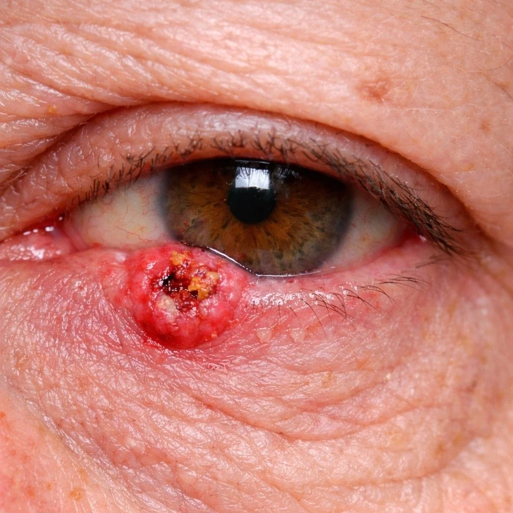 Close-up of an eye with a growth or ulcer on the lower eyelid, surrounded by redness and crusting. This is a basal cell carcinoma.