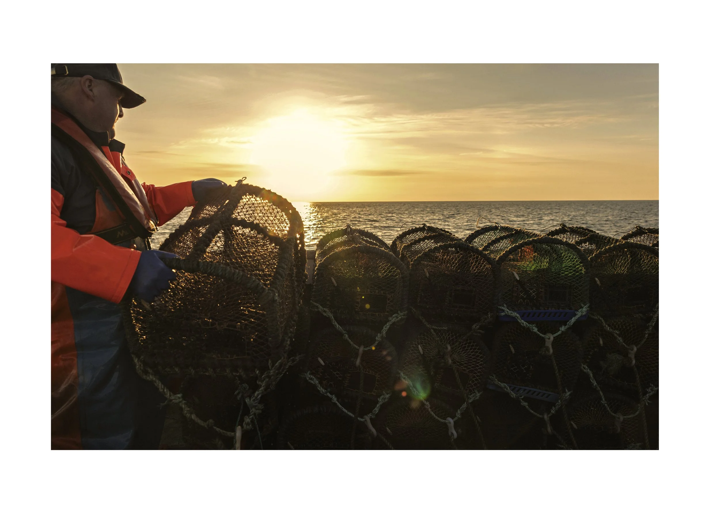 Fisherman in orange and black jacket and cap handling lobster traps on a boat during sunset.