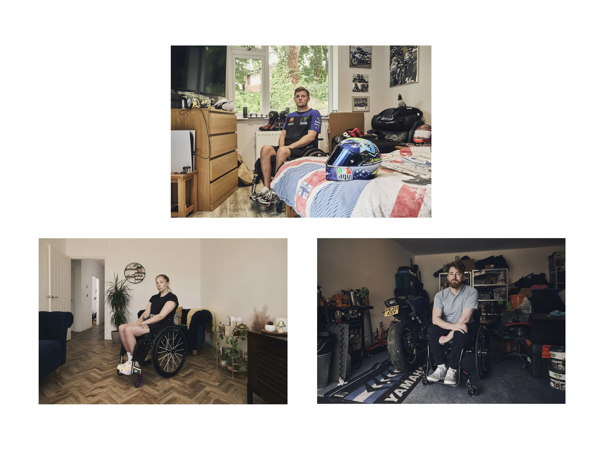 Three people in wheelchairs in different rooms, each with equipped and organized surroundings.