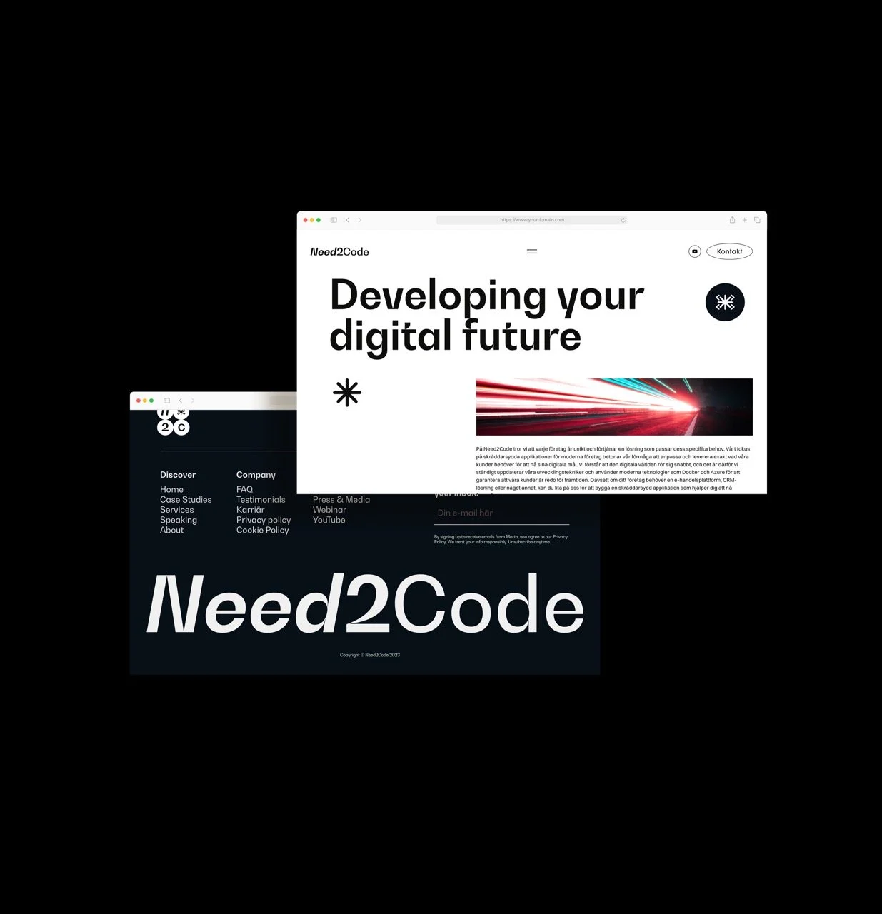 Skärmbilder av webbsidor för företaget Need2Code, med texten 'Developing your digital future' och företagets logotyp samt andra webbplatselement.