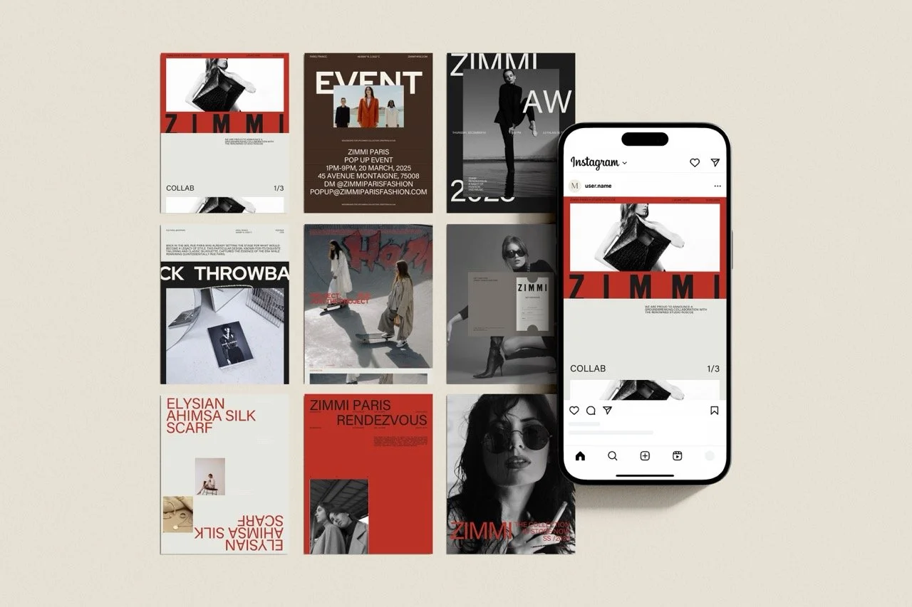 Skärm med Instagram-inlägg av modevarumärket Zimmi, samt modekampanjbilder och text om modeevent och kollektioner.