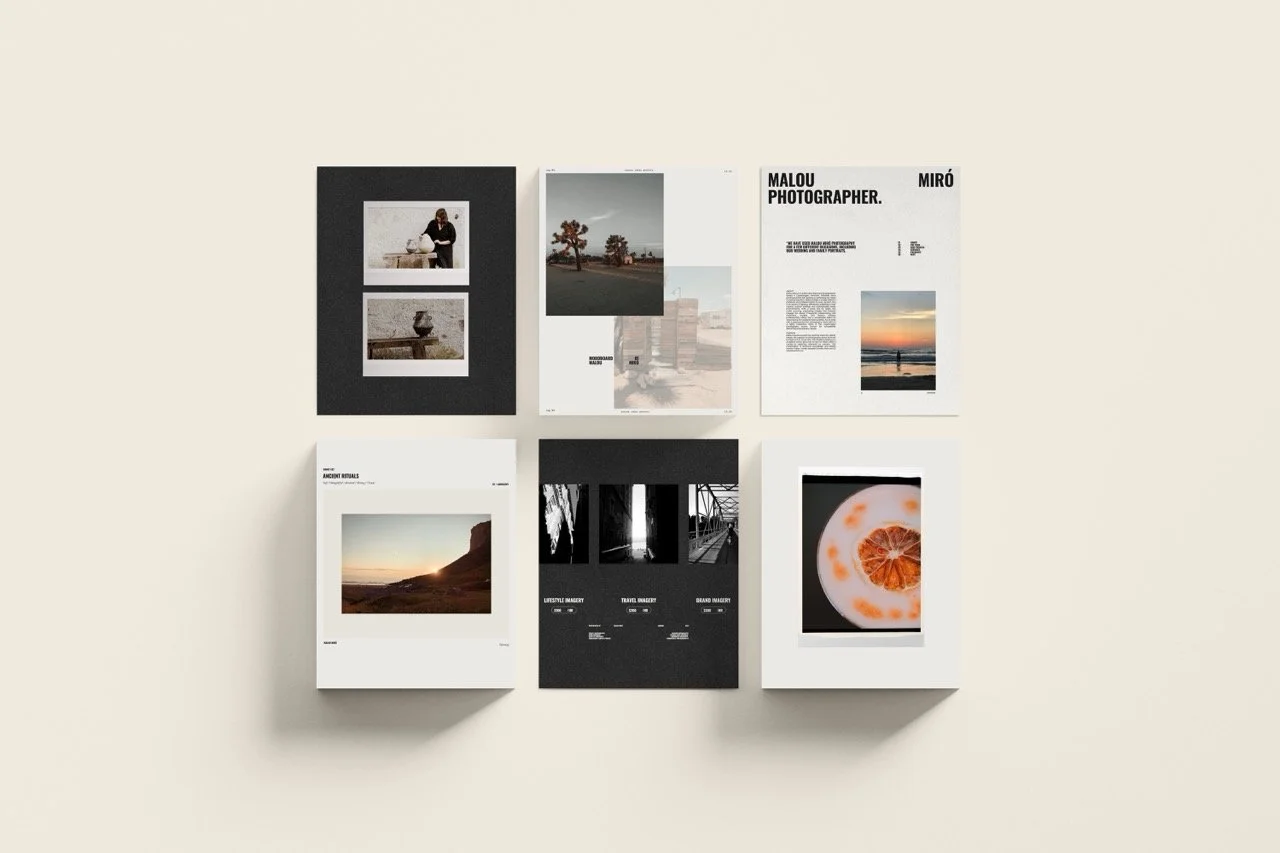 Flera fotografier och tidningssidor med fotografier och text på ett bord eller vägg.