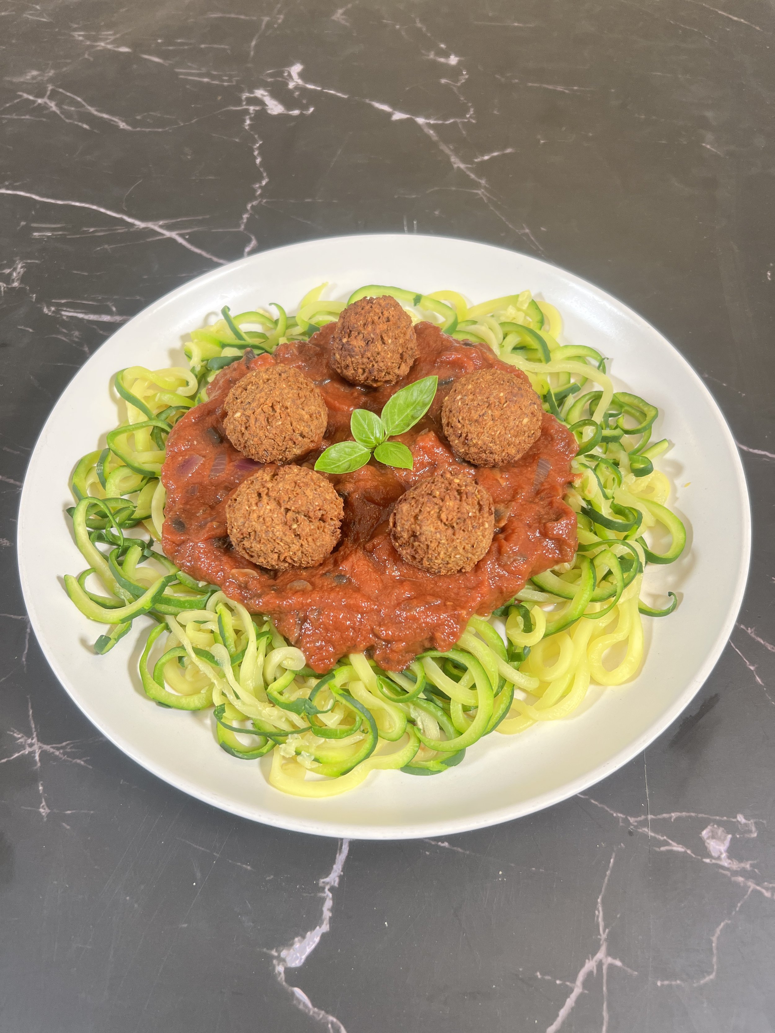 high protein vegan Meatballs With Zoodles and Marinara Sauce