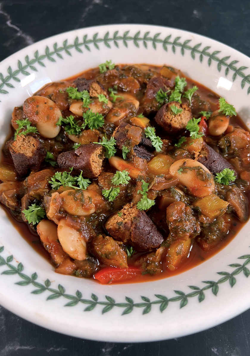 Smokey Butter Bean and vegan Sausage Casserole