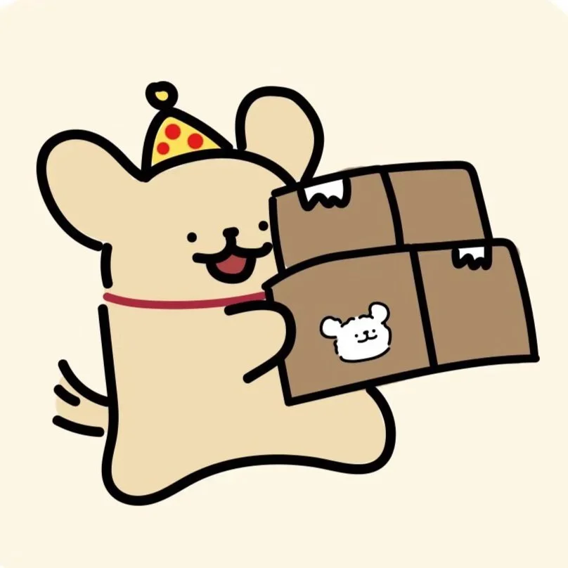 Cartoon dog wearing a party hat holding boxes