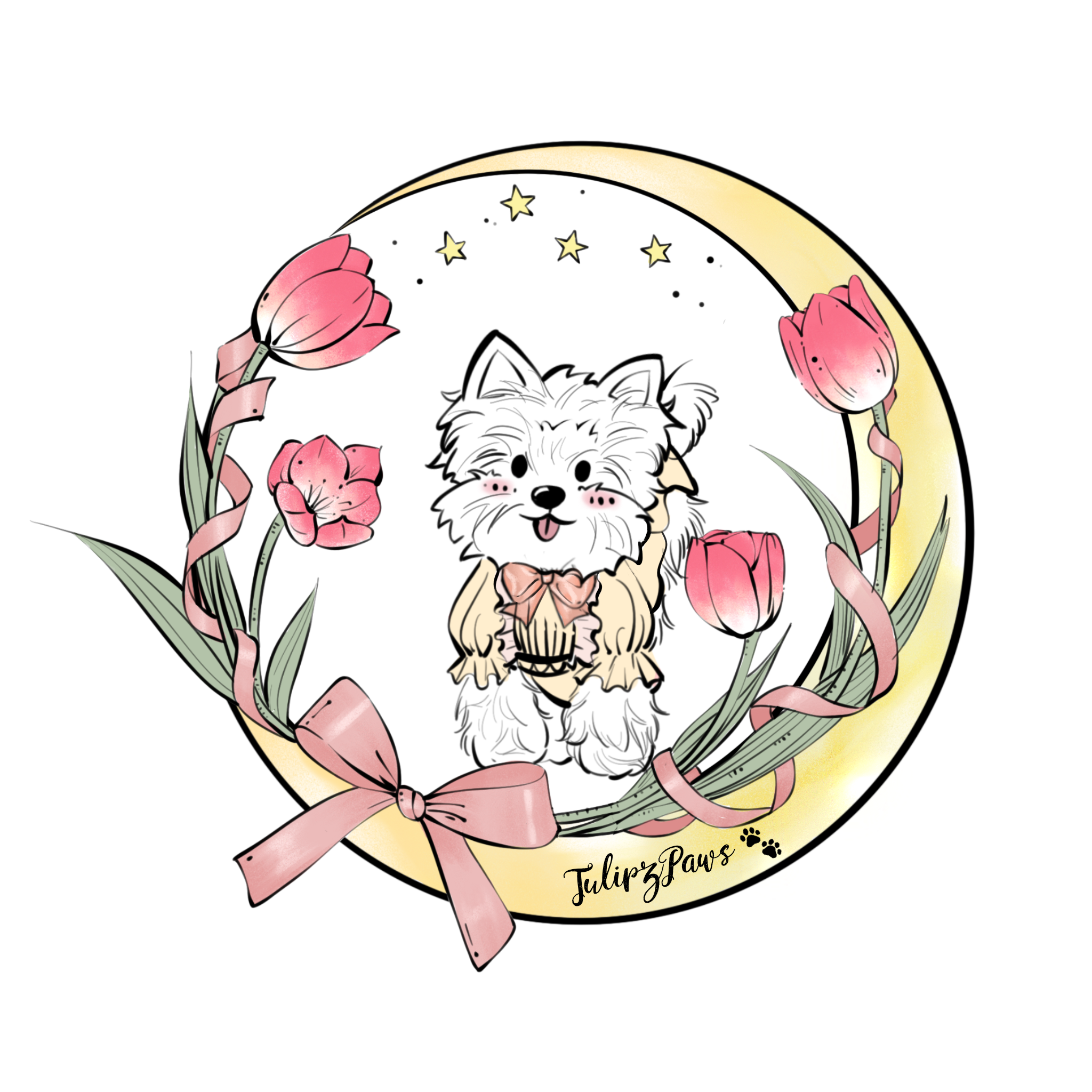 Illustration of a fluffy white dog with a bow tie, sitting on a crescent moon. Surrounding the moon are tulips and a ribbon. Stars are scattered in the background. The text "TulipzPaws" is written on the moon.