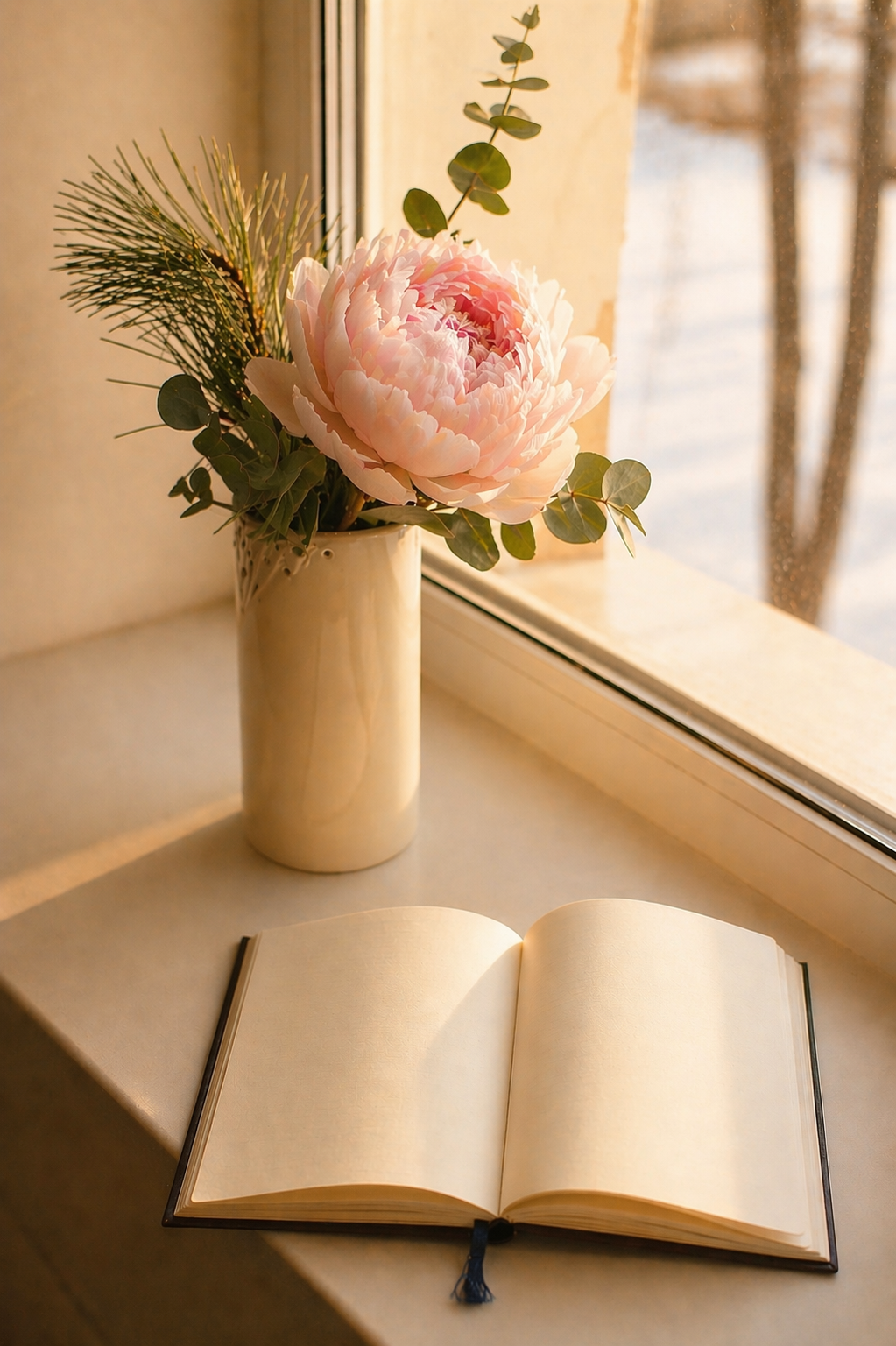 Carnet ouvert sur un rebord de fenêtre avec fleurs et lumière dorée, représentant le journal lunaire, l’introspection, la gratitude et les rituels de pleine lune.