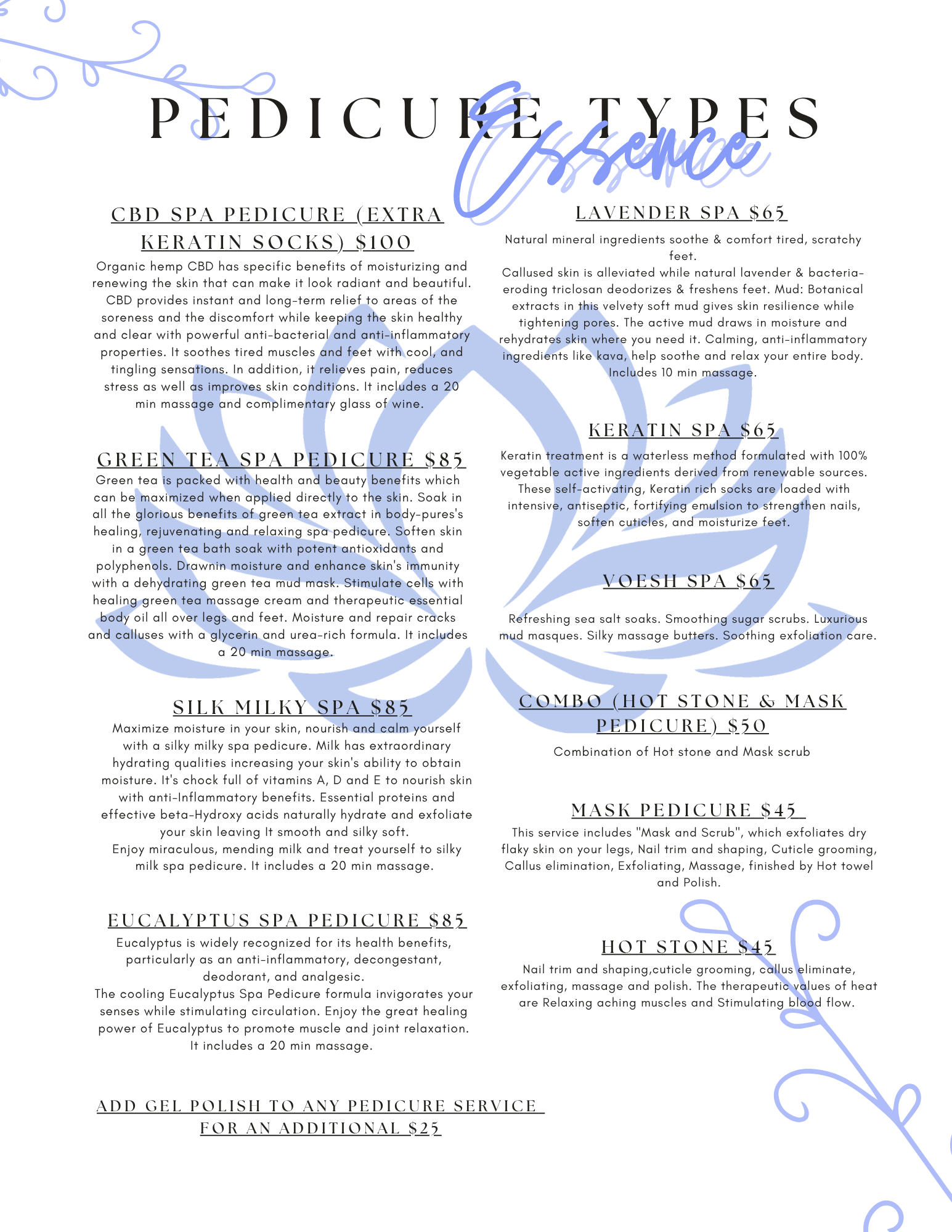 Essence spa pedicure menu in Cherry Creek, Denver — CBD, lavender, keratin, and hot stone pedicures