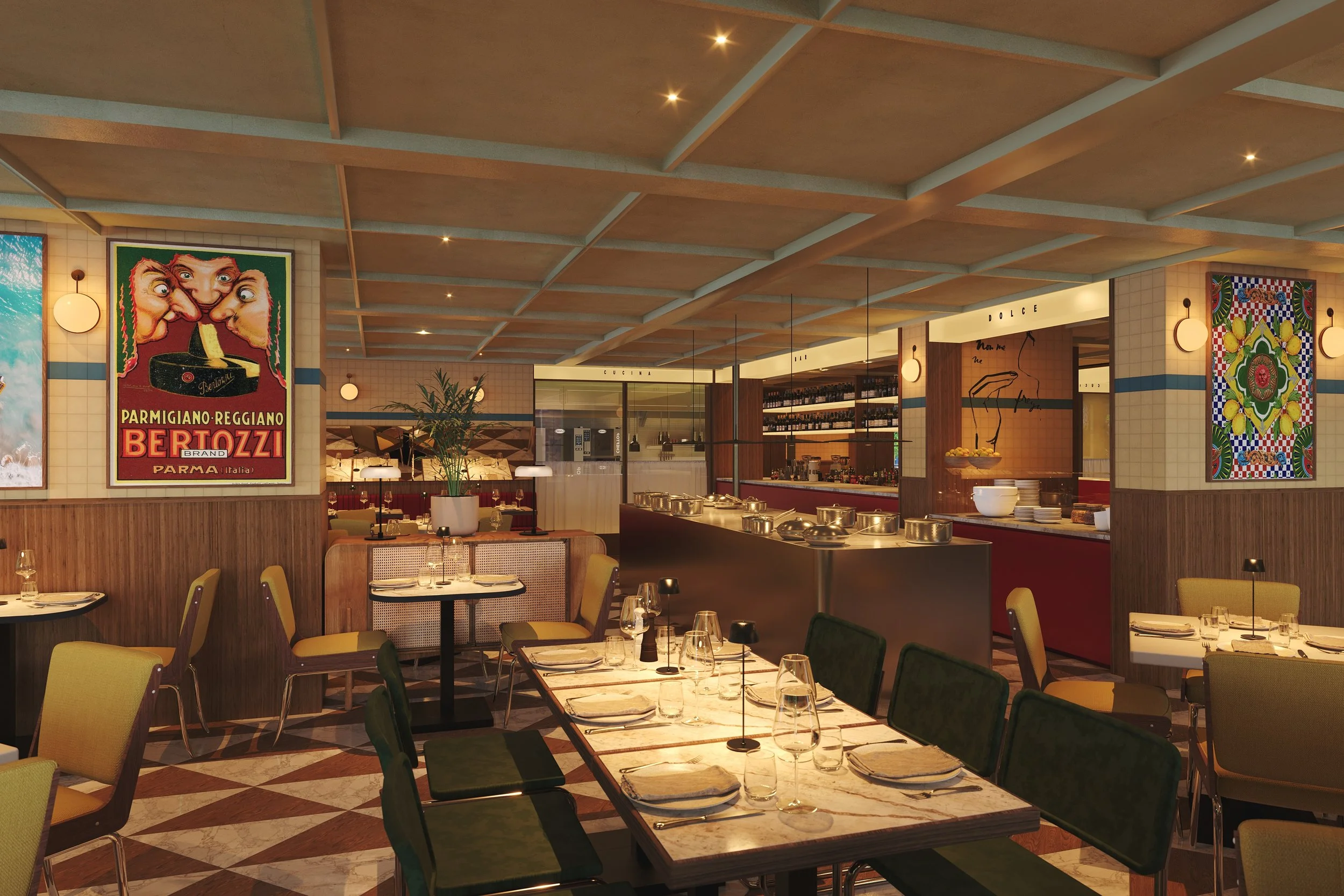 Interior of a modern restaurant with dining tables set with plates, glasses, and napkins, decorative colorful walls, and an open kitchen in the background.