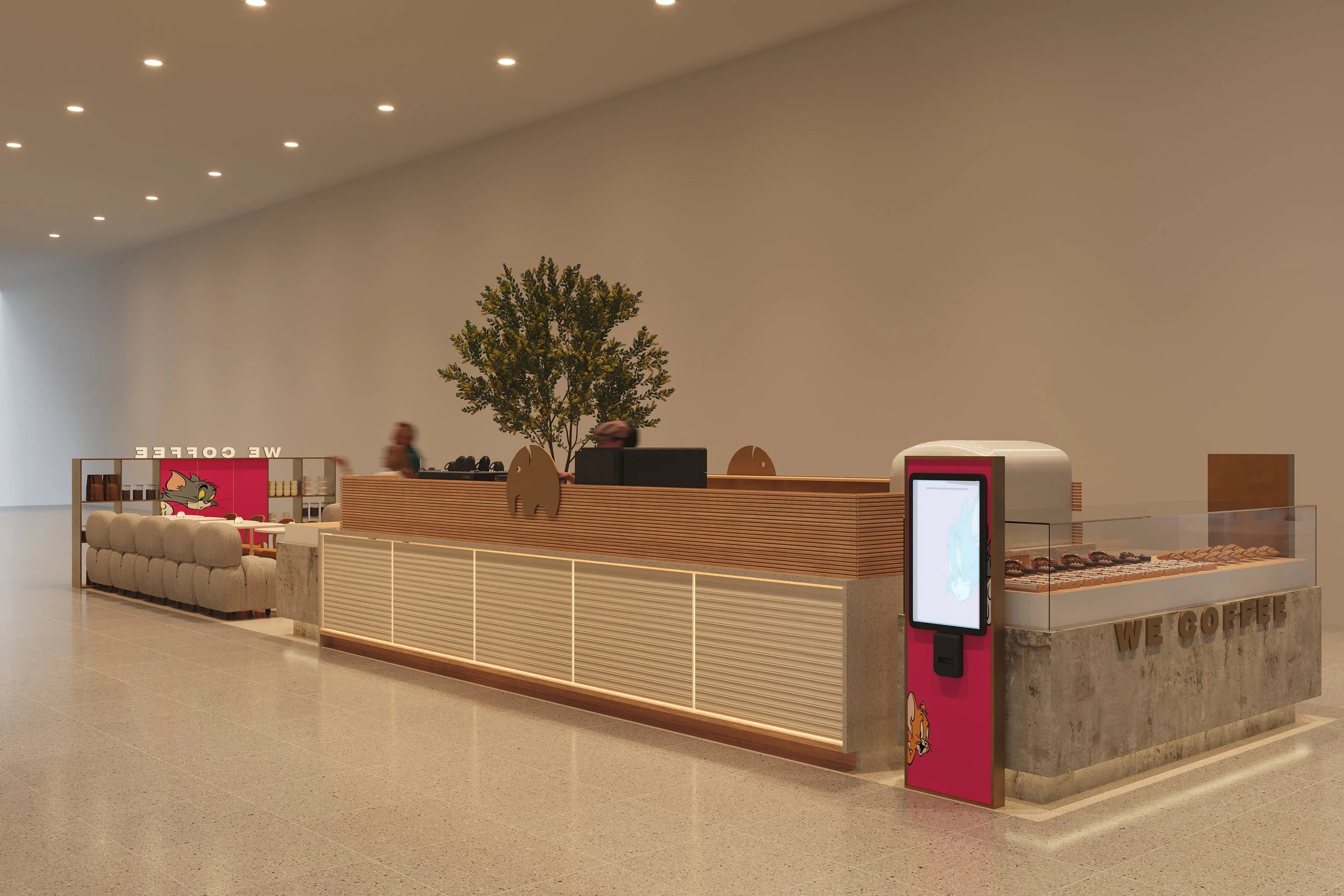 Modern coffee shop with a wooden counter, a tree decoration, digital ordering kiosk, and a pastry display case, inside a spacious, well-lit area.