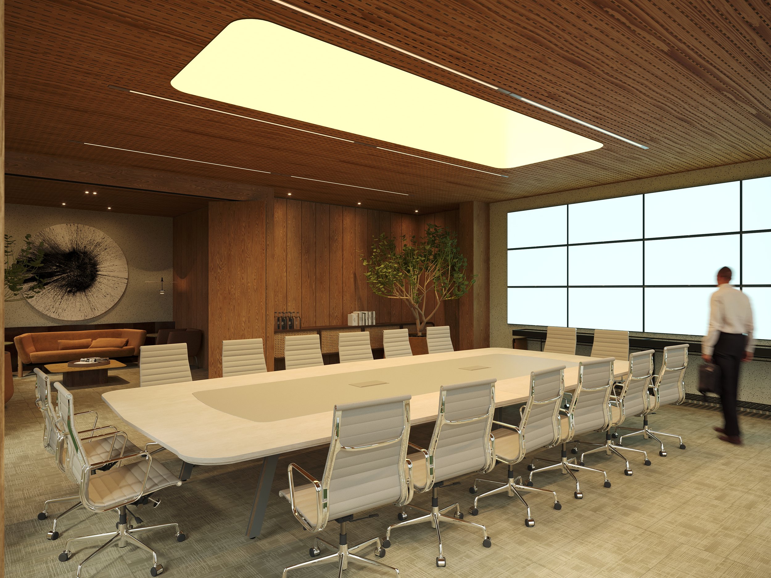 Modern conference room with a large oval white table, white leather chairs, a large window with grid panes, and a man walking with a briefcase.