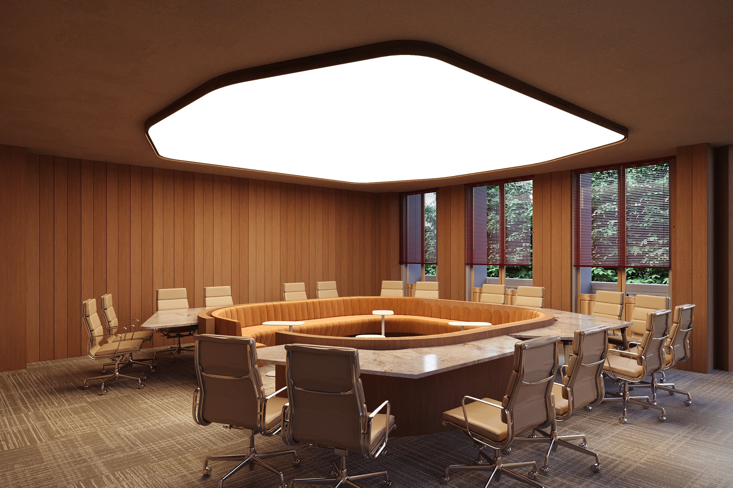 Modern conference room with a large oval seating area, surrounded by beige chairs on wheels, wood-paneled walls, rectangular windows with blinds, and a large ceiling light.