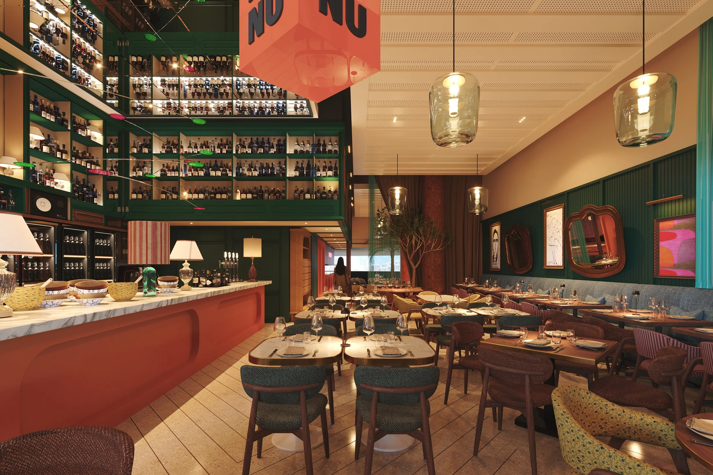 Interior of a restaurant with a bar on the left, shelves of bottles above, several tables set with glassware and plates, modern lighting fixtures, colorful artwork on the walls, and a large window at the back.