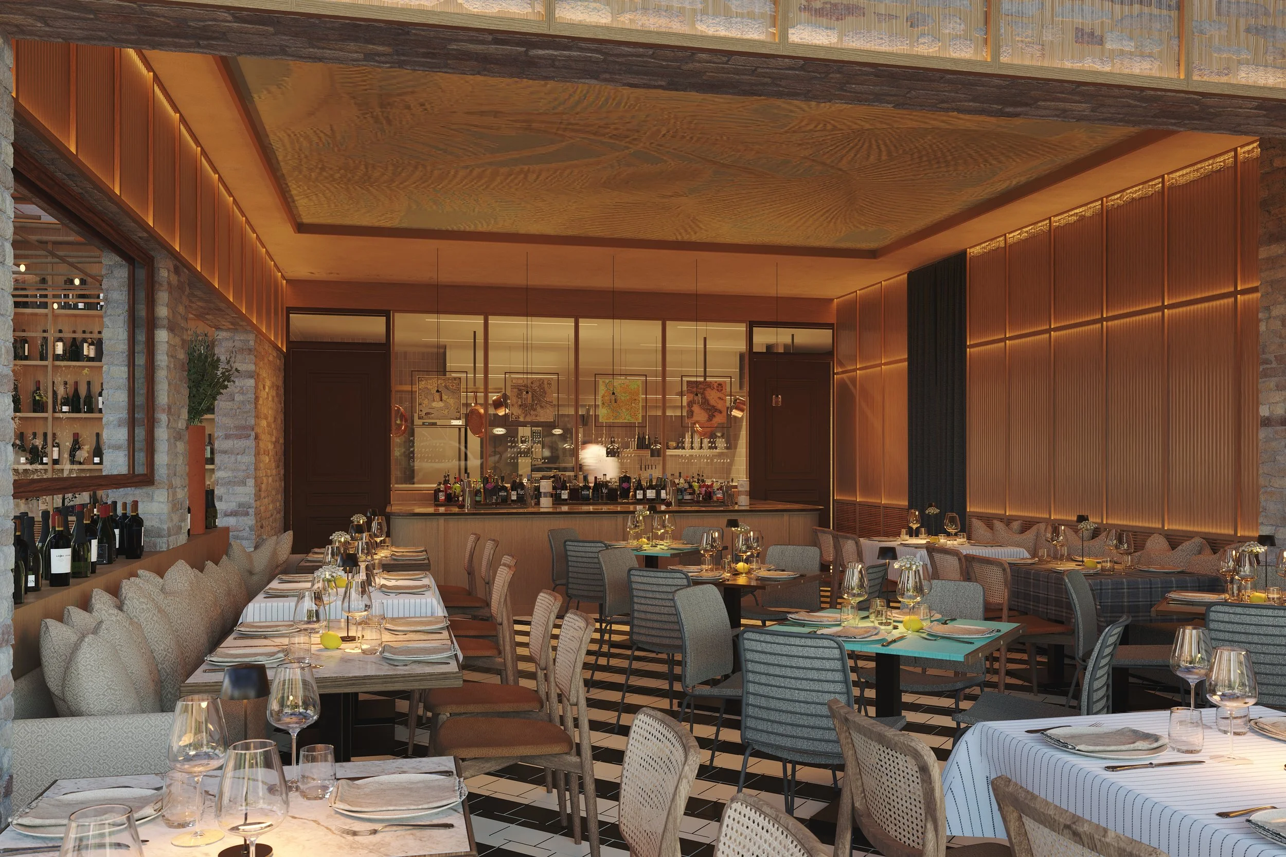 Interior of a stylish restaurant with neatly arranged tables set with wine glasses, plates, and cutlery, featuring warm lighting, brick walls, and a bar in the background.