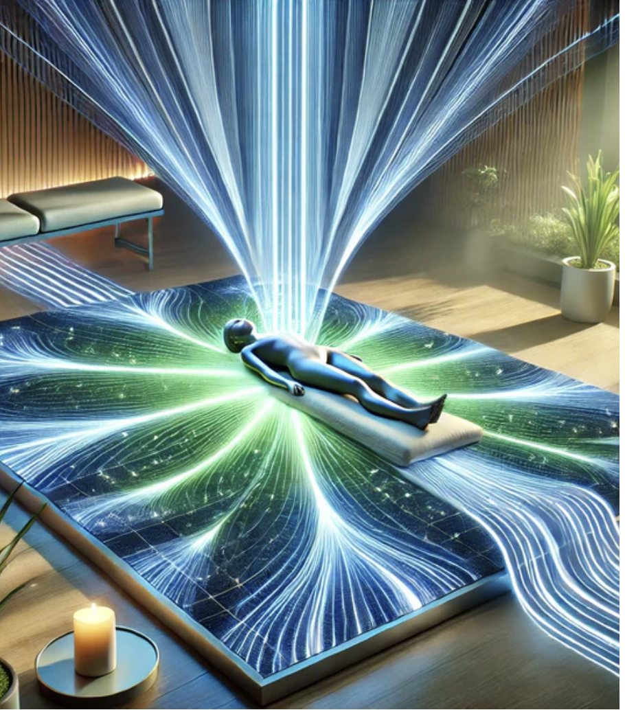A person lying on a mat with glowing, vortex-like energy patterns swirling around them, connected to a fountain of light and energy streaming upward in a futuristic or spiritual setting.