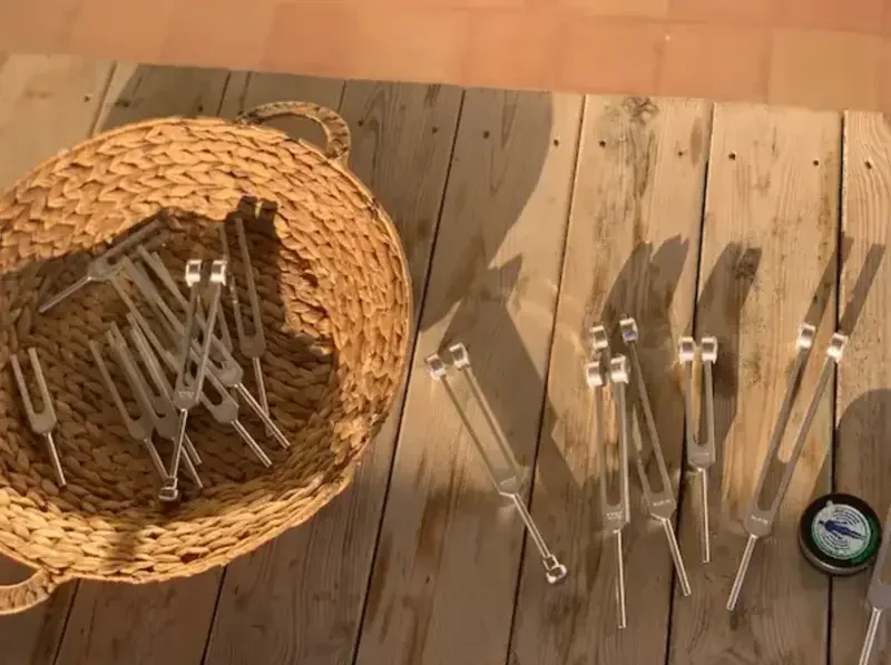 basket with tuning forks and tuning forks on the table close toma hockey puk