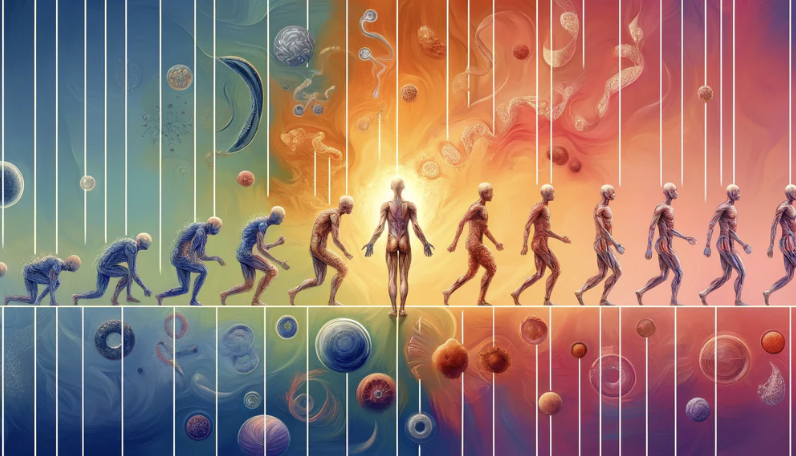 Illustration of human evolution from primates to modern humans, set against a vibrant background depicting the universe, planets, and cosmic elements.