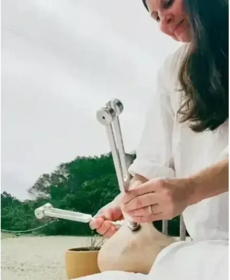 A woman with dark hair and a white shirt playing a string instrument outdoors, with green trees and a cloudy sky in the background.