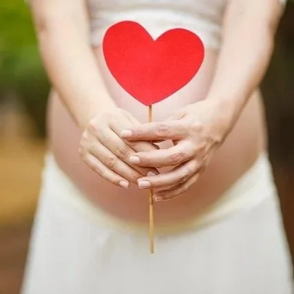 Person holding a red paper heart on a stick in front of their pregnant belly.