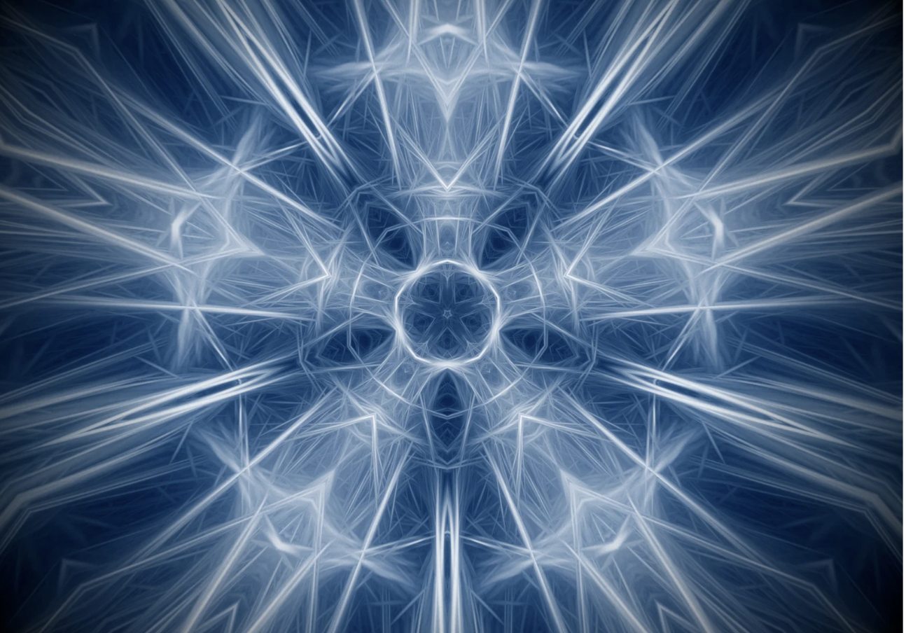 Abstract digital artwork with symmetrical patterns of white and blue lines resembling a glowing, intricate geometric design.