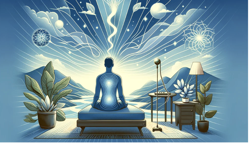 A person meditating on a cushion indoors, surrounded by plants, a lamp, and mountains in the background, with intricate cosmic and spiritual patterns in the sky.