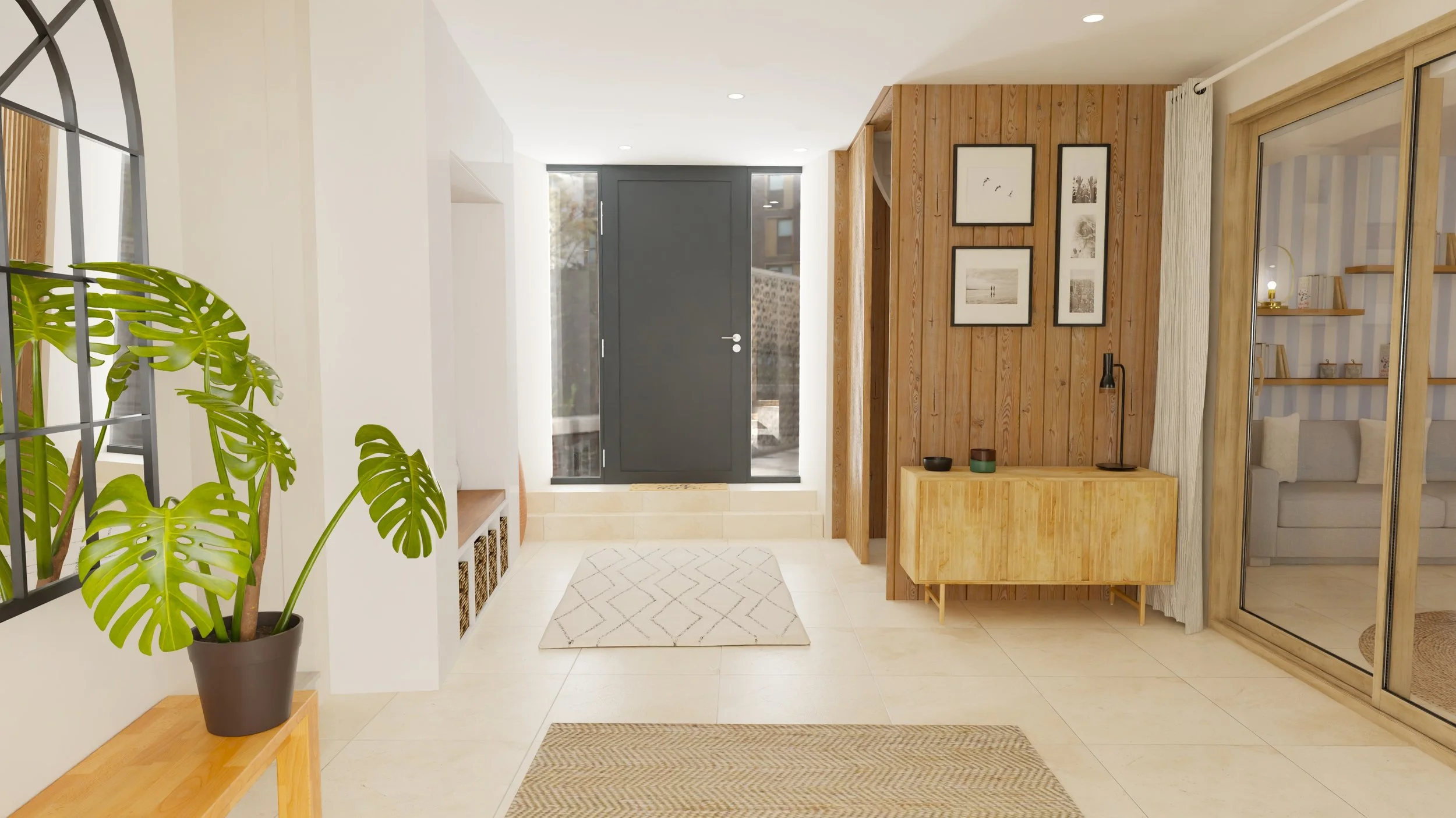Hyper-realistic 3D image by The French Designer of a modern entryway with a dark front door, white walls, wooden accents, a bench with baskets underneath, framed artwork on wood-paneled wall and a sliding glass door leading to a bedroom.