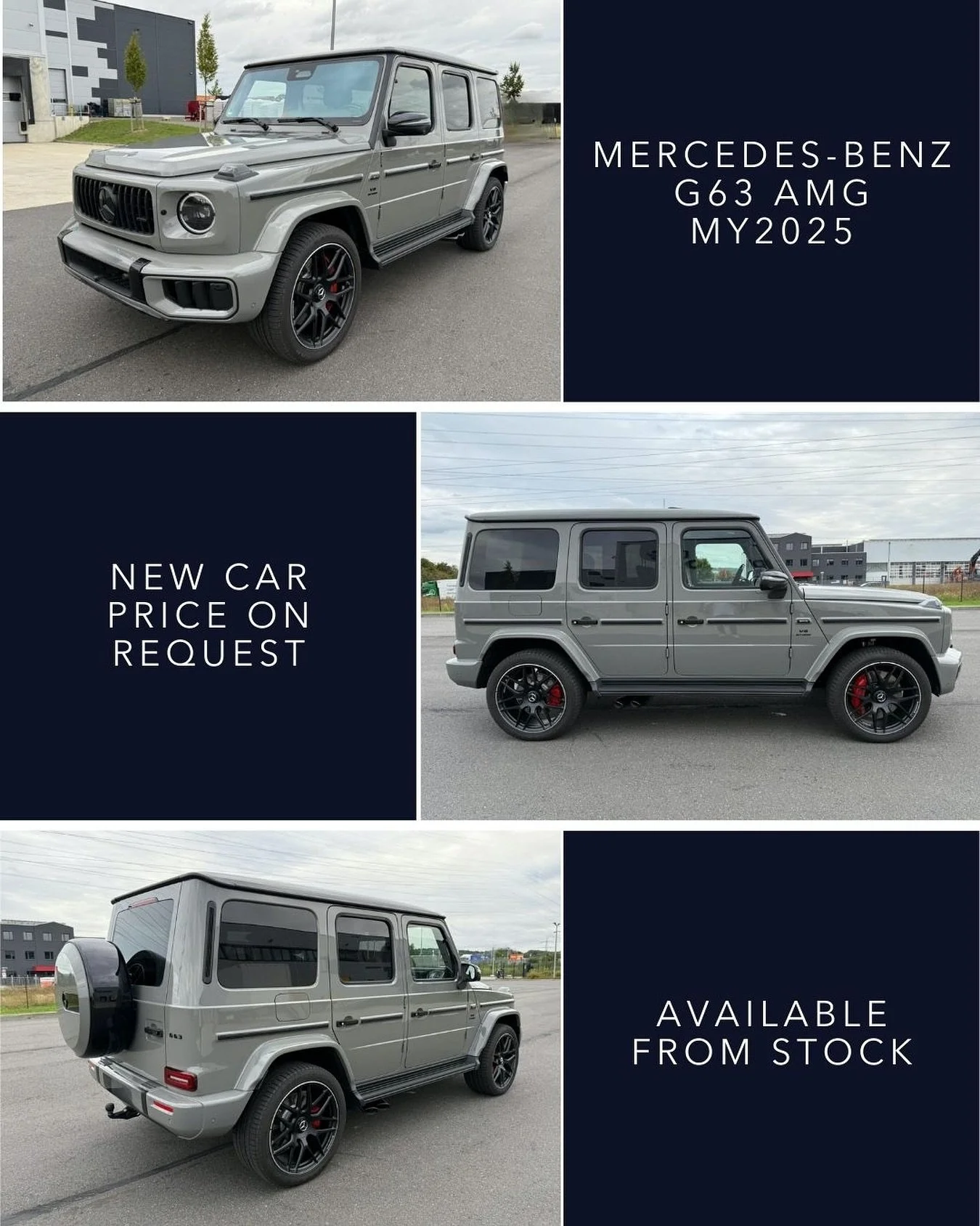 🇬🇧 IN STOCK &ndash; AVAILABLE FOR IMMEDIATE DELIVERY. Mercedes-Benz G63 AMG MY2025 facelift in Classic Grey with Superior Black interior. Equipped with AMG multi-spoke rims, red brake calipers, panorama roof, Burmester 3D surround sound, ambient ca