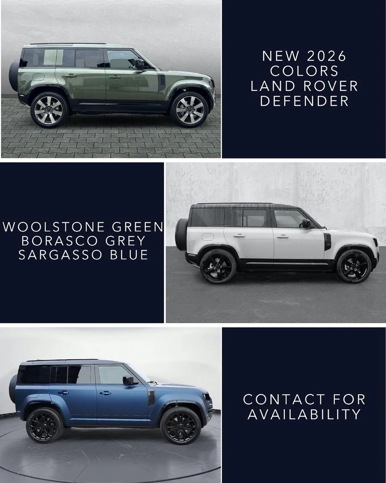 🇬🇧 The 2026 Land Rover Defender introduces three striking new colours that perfectly capture the spirit of adventure and refinement. Woolstone Green, a sophisticated deep green inspired by classic Defender heritage. Borasco Grey, a sleek metallic t