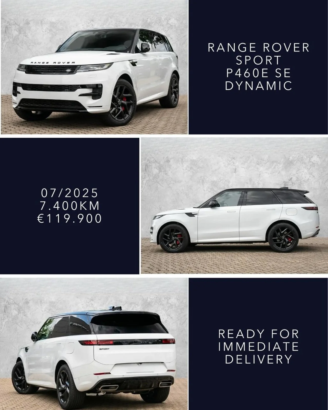 🇬🇧 Ready for immediate delivery, Range Rover Sport P460e SE Dynamic, Fuji White with Black Exterior Package, panoramic sliding roof and 22&rdquo; Satin Black alloy wheels, 07/2025, 7.400km, &euro;119.900. Plug in hybrid performance, ready for immed