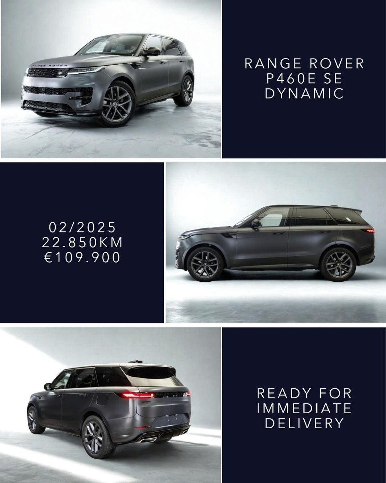 🇬🇧 Ready for immediate delivery, Range Rover Sport P460e SE Dynamic, Plug in Hybrid, 02/2025, 22.850km, &euro;109.900. Carpathian Grey with Satin Matte Paint Protection Film, Windsor Leather interior in Light Cloud and Ebony, Meridian Sound System,