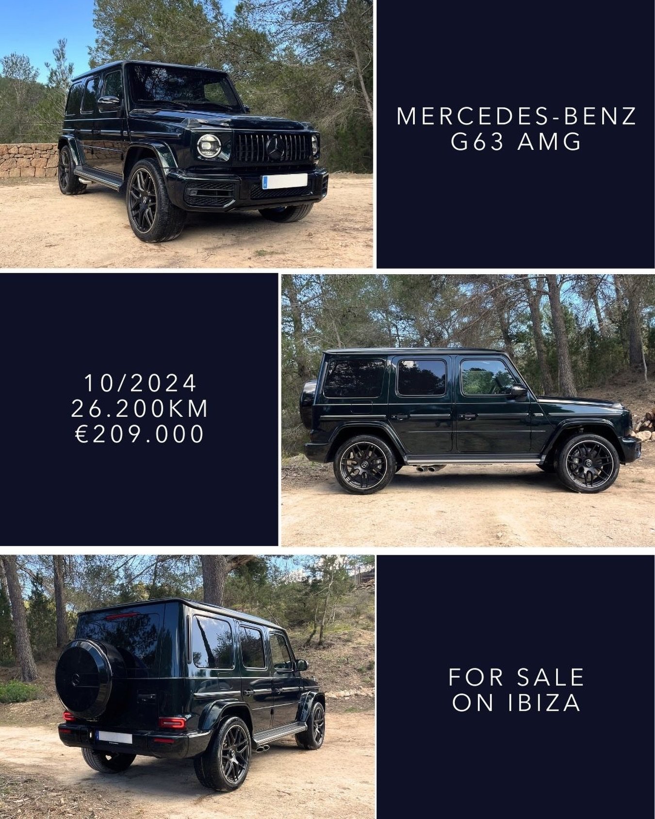 🇬🇧 Mercedes-Benz G63 AMG 10/2024 with 26.200 km, finished in rare Emerald Green with Black Superior interior. Equipped with seat ventilation and glass sunroof, combining performance with comfort and exclusivity. Now available for sale on Ibiza at &