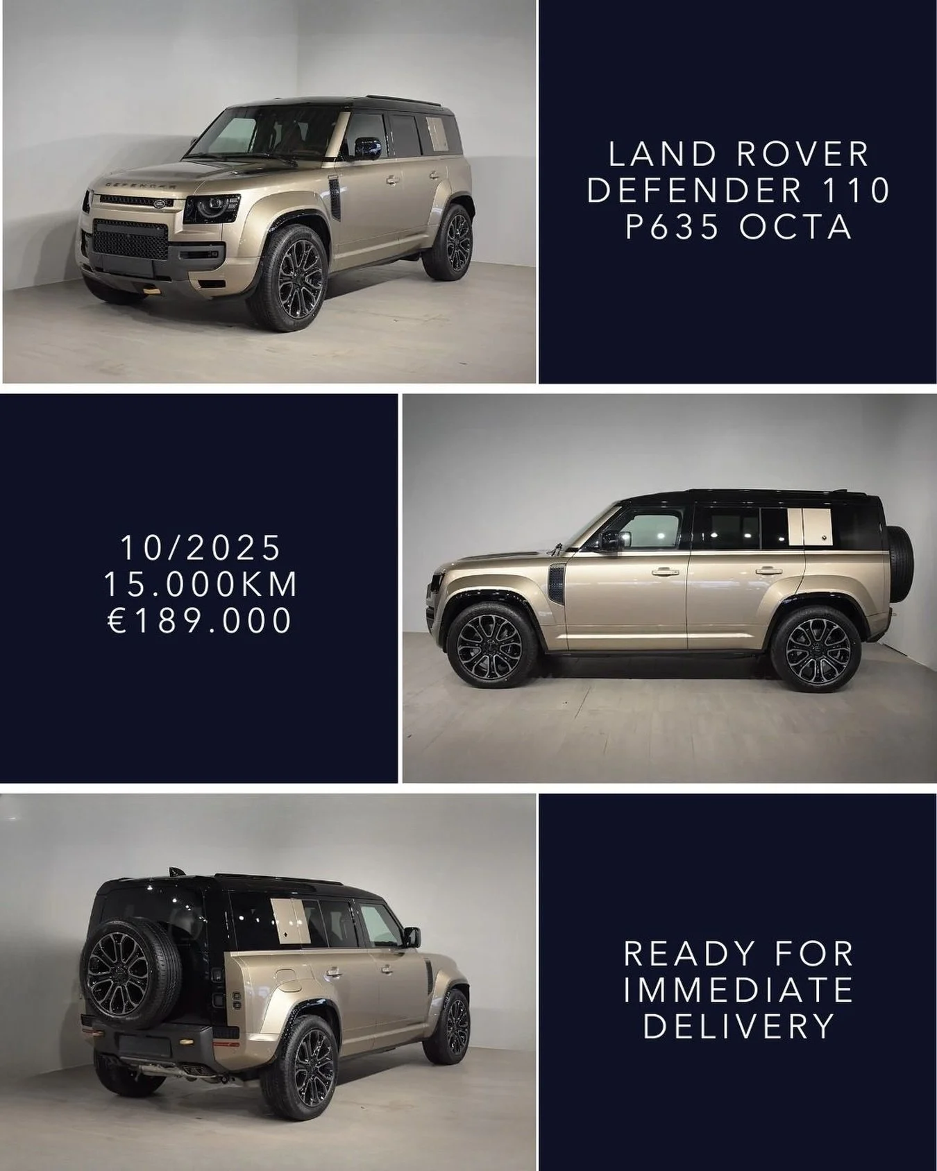 🇬🇧 Land Rover Defender 110 P635 OCTA 10/2025, 15.000 km, &euro;189.000. The OCTA is the most powerful and exclusive interpretation of the modern Defender. Powered by a 4.4 V8 Twin Turbo with 635 hp and 750 Nm. Equipped with the new 6D Dynamics susp