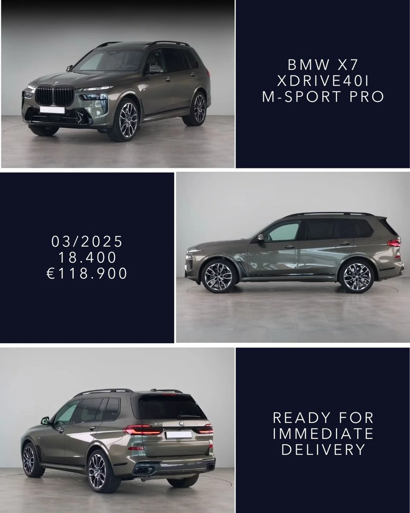 🇬🇧 BMW X7 xDrive40i M-Sport Pro 03/2025, 18.400 km, &euro;118.900. Finished in Manhattan Metallic with full Merino Tartufo Brown leather interior. Equipped with 22&rdquo; M Sport wheels, Panoramic Glass Sky Lounge Roof, M Sport Package and full lea
