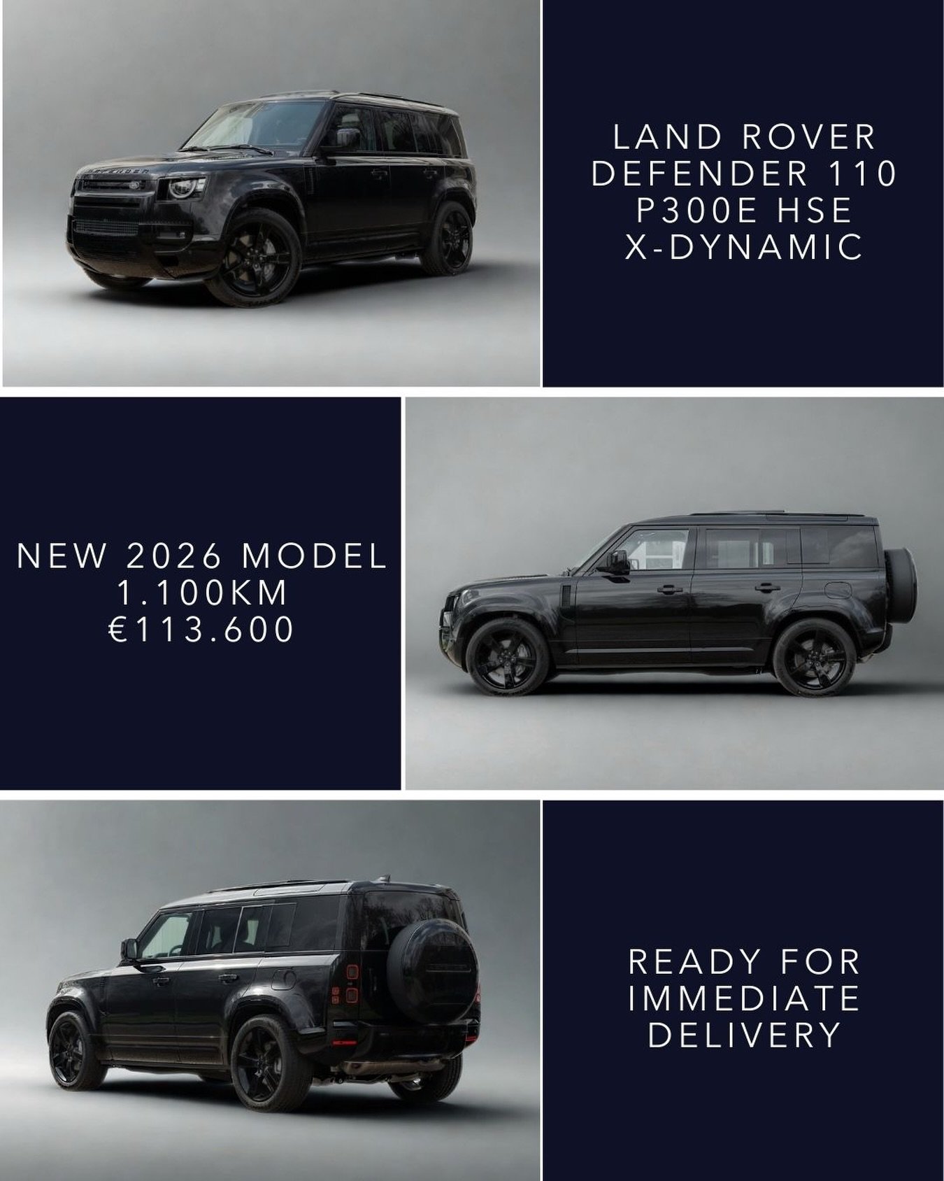 🇬🇧 NEW 2026 MODEL Land Rover Defender 110 P300e HSE X-Dynamic 02/2026, 1.100 km, &euro;113.600. Finished in Santorini Black Metallic with Black leather interior. A clean and strong specification with Black Pack exterior styling, 22&rdquo; alloy whe