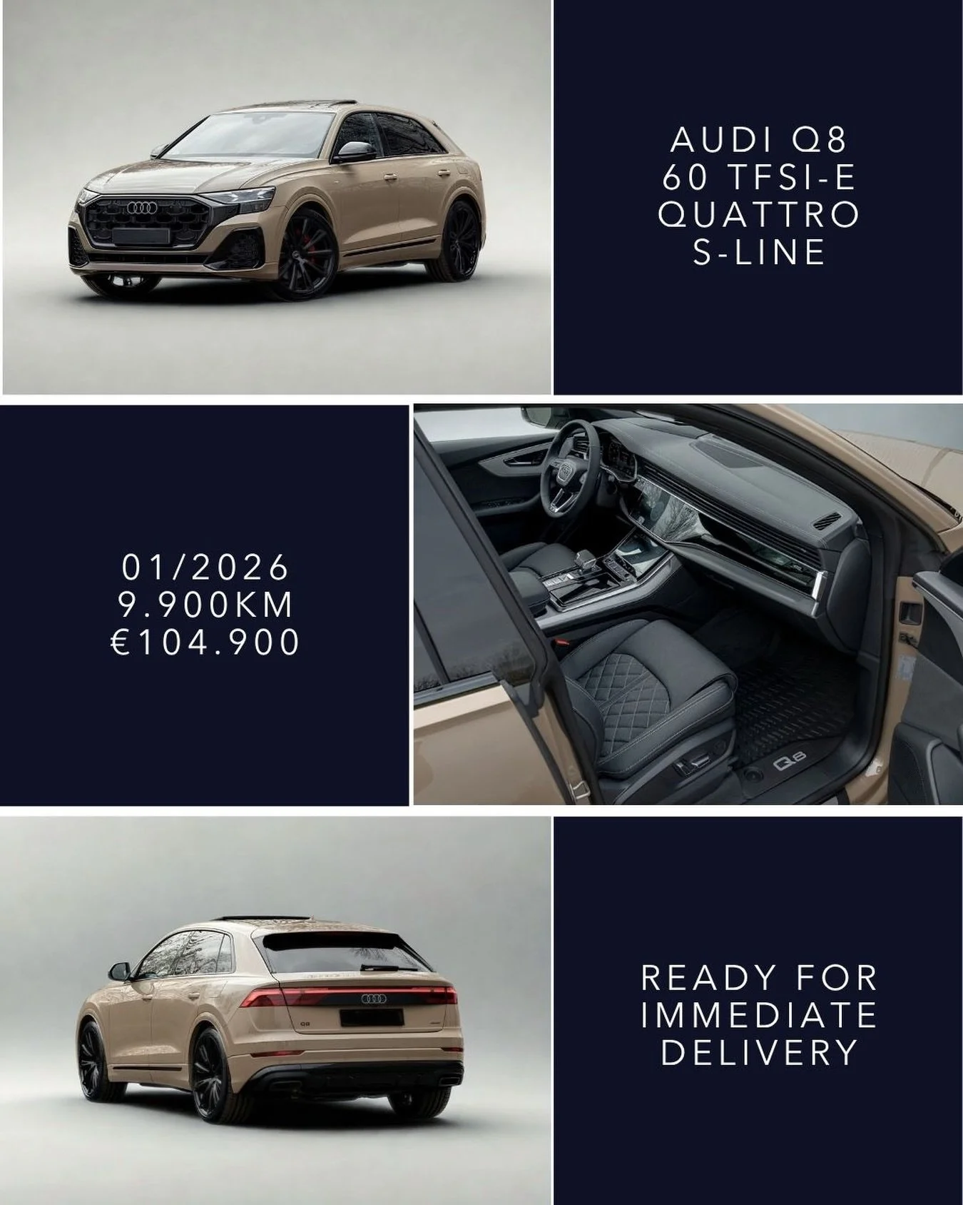 🇬🇧 AVAILABLE FOR IMMEDIATE DELIVERY &ndash; Audi Q8 60 TFSIe Quattro S-Line 01/2026, 9.900 km, &euro;104.900

Finished in Sakhir Gold Metallic with black Valcona leather interior, this Audi Q8 comes in a high specification S-Line configuration with