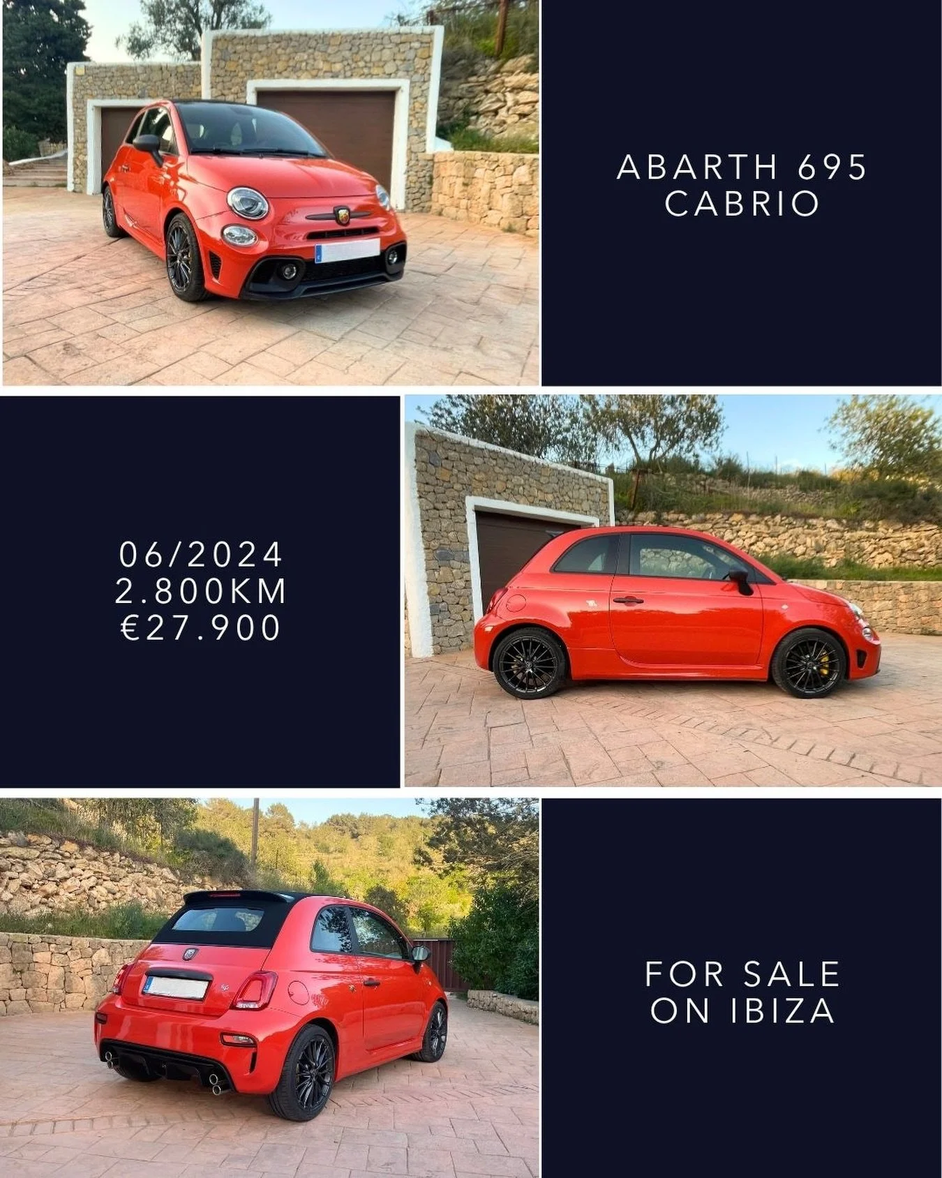 🇬🇧 FOR SALE ON IBIZA &ndash; Abarth 695C Cabrio 06/2024 2.800 km &euro;27.900. Finished in Racing Orange with black convertible roof, this Abarth is in virtually new condition with only 2.800 km and a new price of &euro;38.650 in June 2024. Equippe