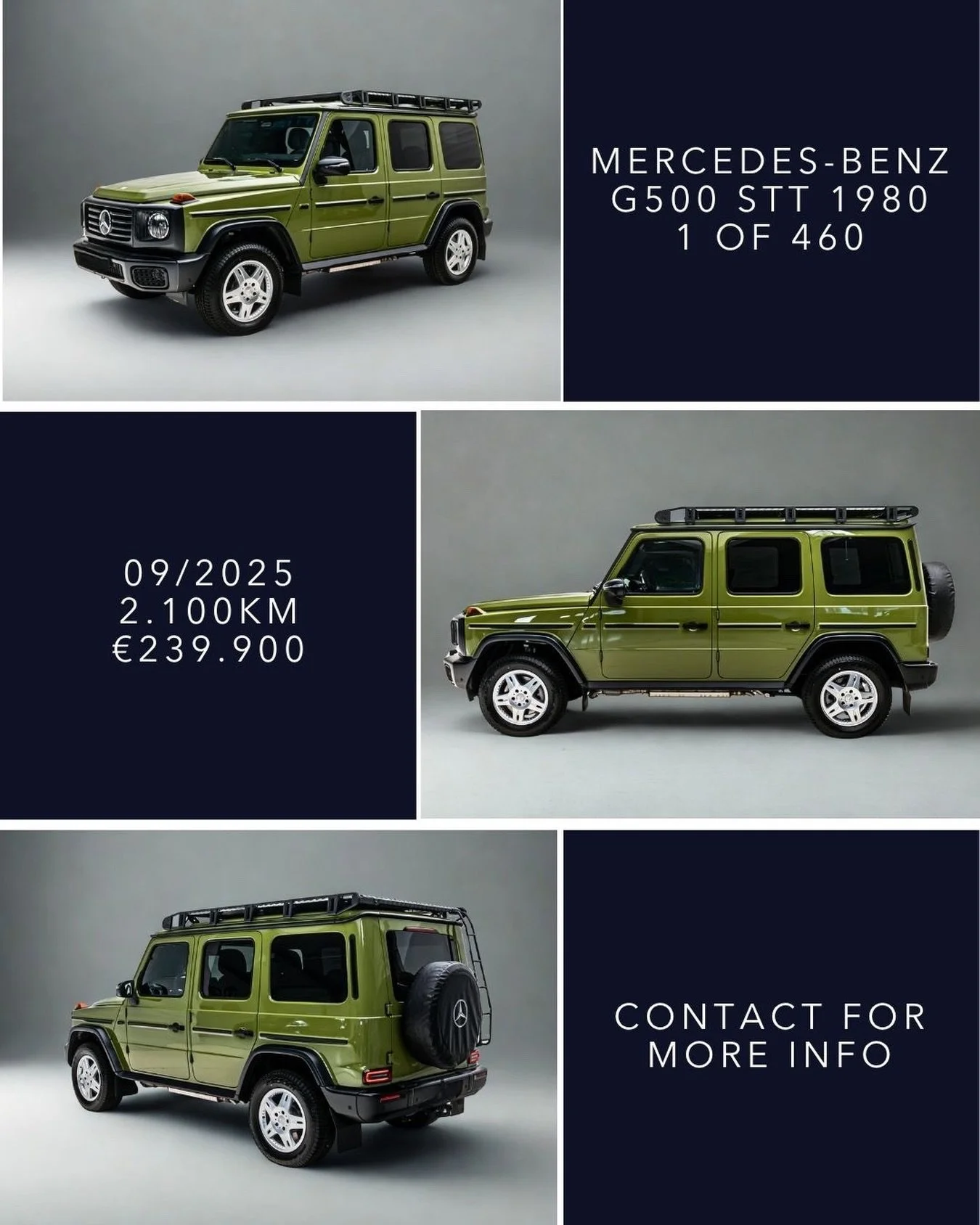 🇬🇧 Mercedes-Benz G500 Stronger Than The 1980s Edition, 09/2025, 2.100km, &euro;239.900. Limited Edition, 1 of just 460 units worldwide, a direct tribute to the original W460 that started the G-Class story. Finished in Agave Green with authentic ret