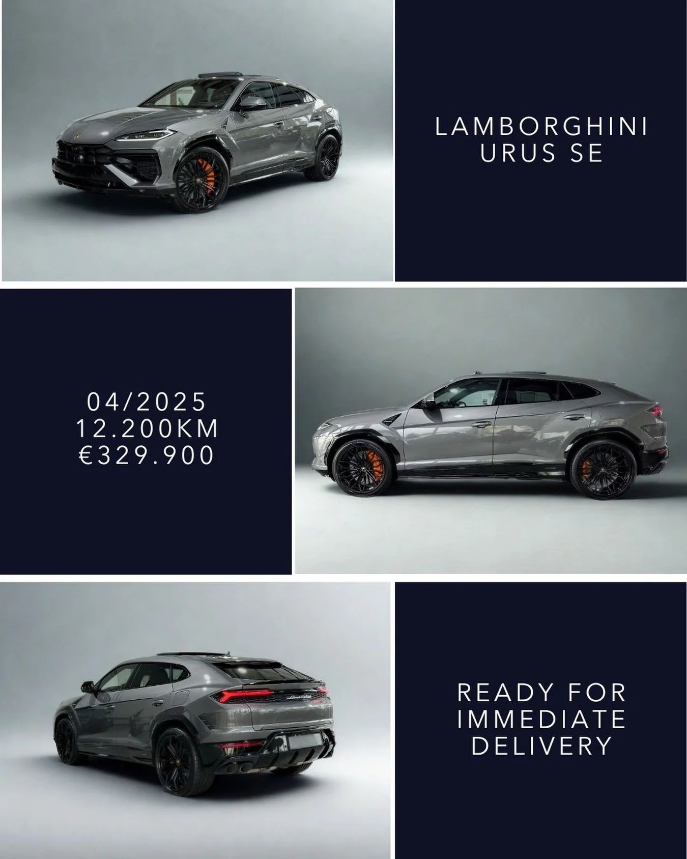 🇬🇧 Lamborghini Urus SE available for immediate delivery. Finished in Grigio Keres with Nero Ade interior and Arancio Leonis stitching, featuring 23&rdquo; Galanthus gloss black wheels, orange brake calipers, panoramic roof and full exterior styling