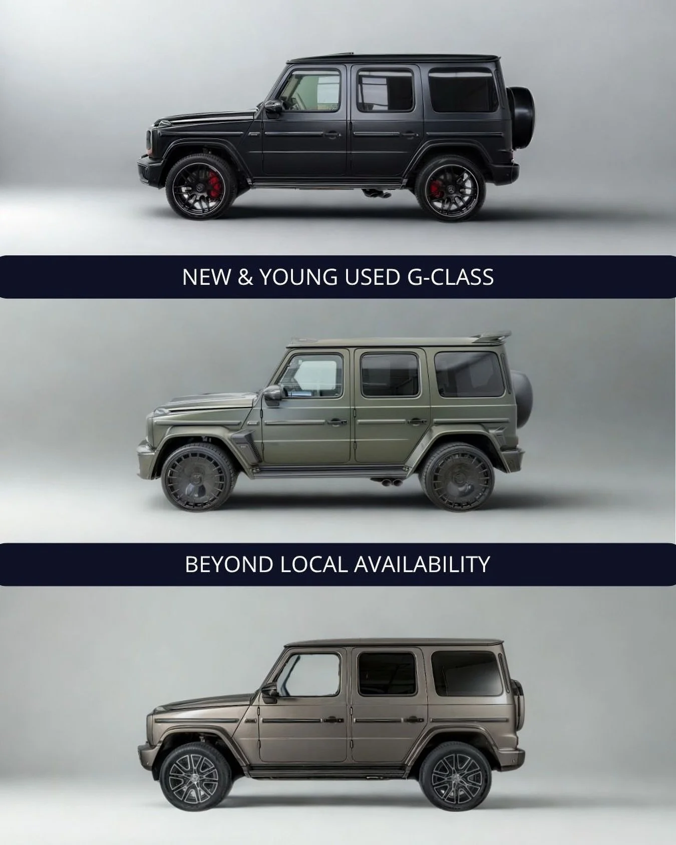 🇬🇧 New &amp; young used G-Class. Local availability is very limited and ordering a new G-Class through the dealer often comes with long waiting lists. We deliver new or young used directly in your preferred configuration, without the wait. Fully ha