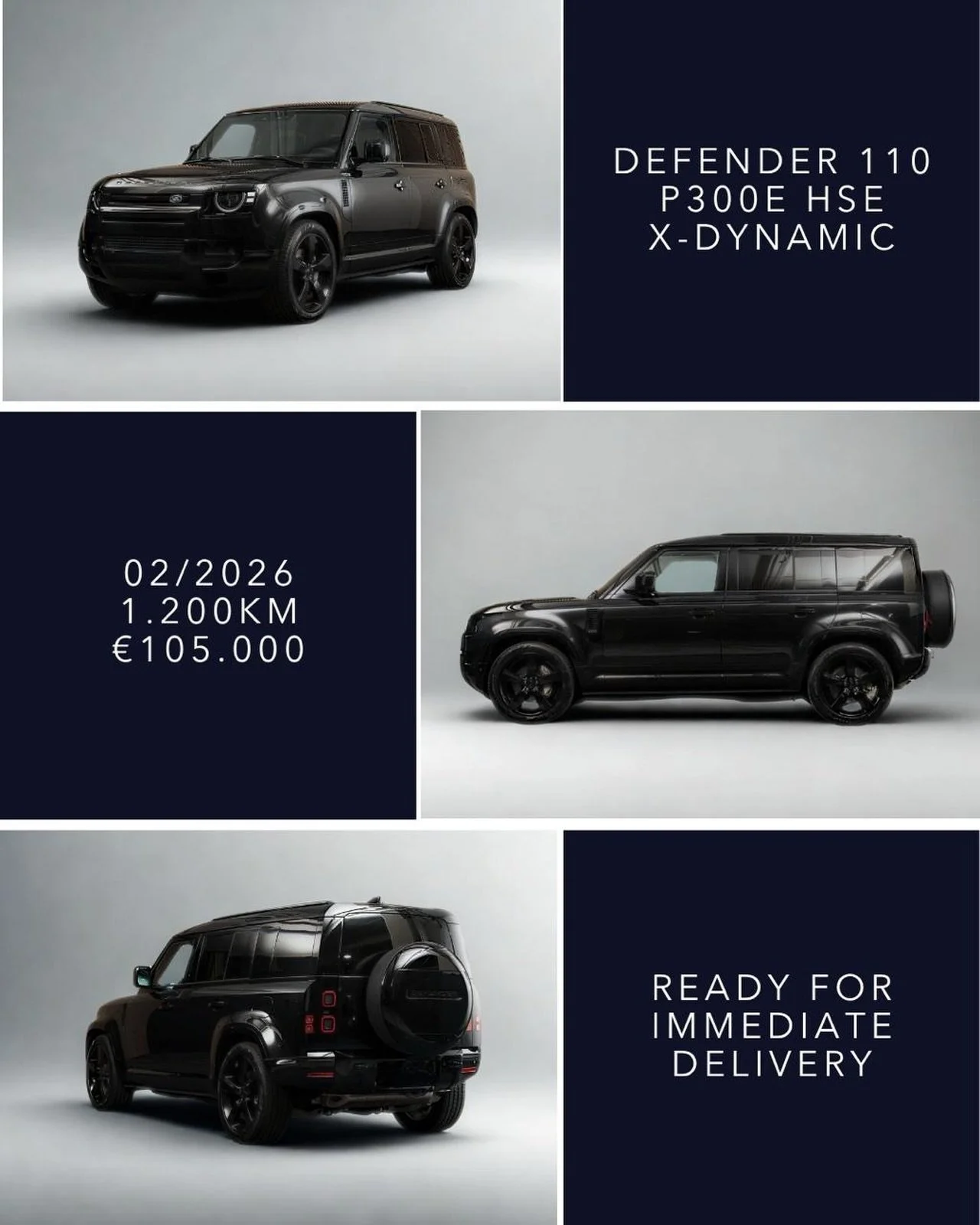 🇬🇧 READY FOR IMMEDIATE DELIVERY - Defender 110 P300e, 02/2026, 1.100km, &euro;105.000. Finished in Santorini Black with Ebony Windsor leather interior. High specification including 22&rdquo; Gloss Black Wheels, Panoramic Sliding Roof, Extended Blac