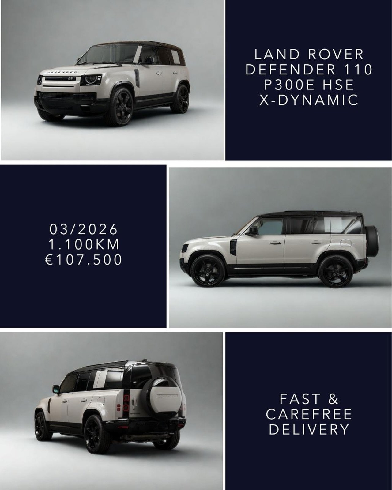 🇬🇧 READY FOR IMMEDIATE DELIVERY &ndash; Defender 110 P300e HSE X-DYNAMIC, 03/2026, 1.100km, &euro;107.500. Finished in Borasco Grey with black contrast roof and Ebony interior. High specification including 22&rdquo; Black Wheels, Panoramic Sliding 