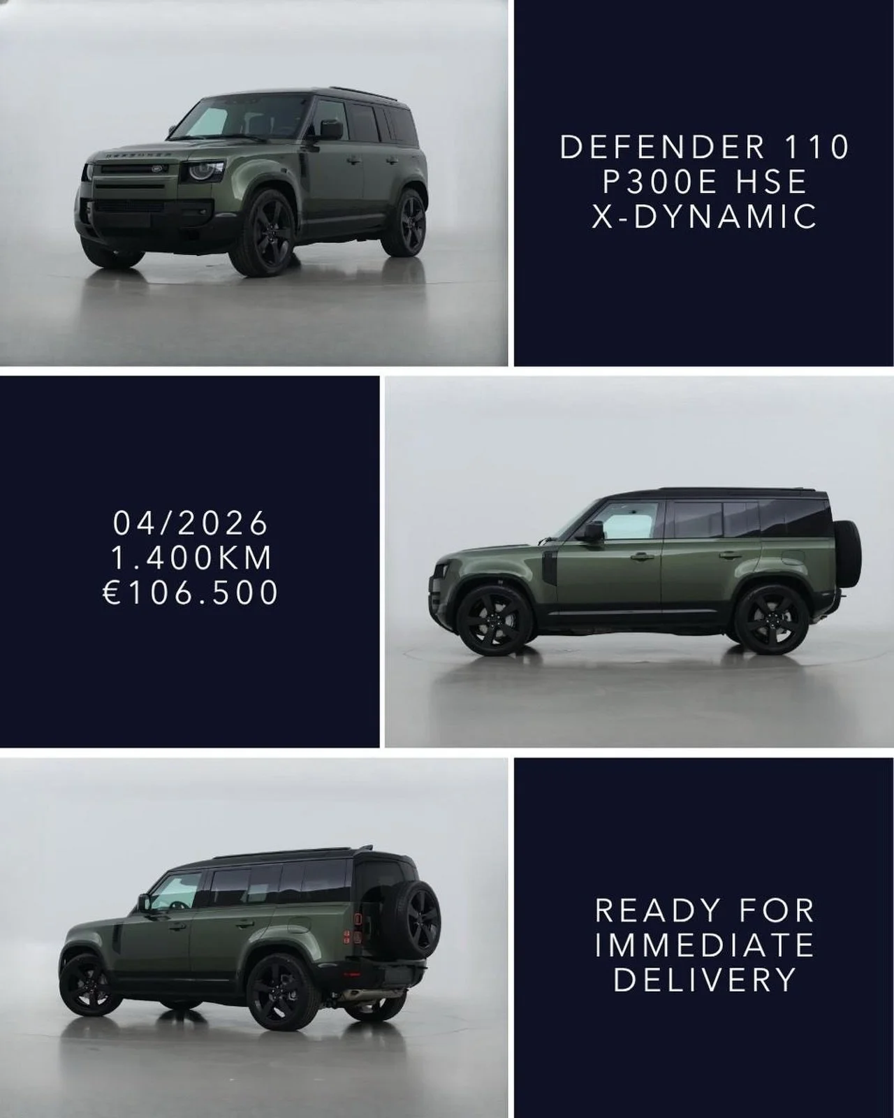 🇬🇧 DEFENDER 110 X-DYNAMIC HSE P300e, 04/2026, 1.400 KM. Finished in Woolstone Green with Ebony Windsor Leather Interior. 22&rdquo; Gloss Black Style 5098 Wheels, Sliding Panoramic Roof, Head-Up Display, Towing Pack, Cold Climate Pack, Extended Blac