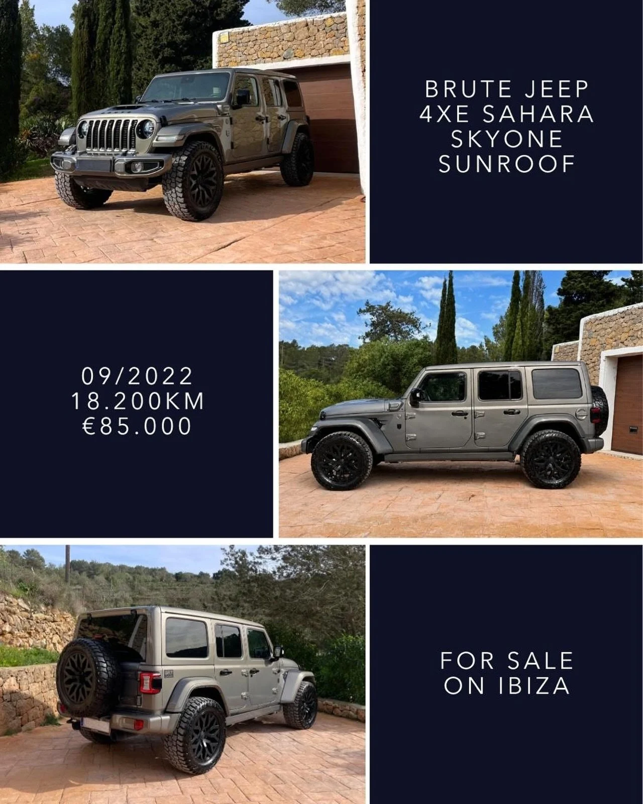 🇬🇧 FOR SALE ON IBIZA - Brute Jeep 4xe Sahara custom built in 2023 and offered with just 18,200 km. A fully customized Brute Jeep that stands out with its unique specification, premium interior and enhanced off road character. Finished in Cobbleston